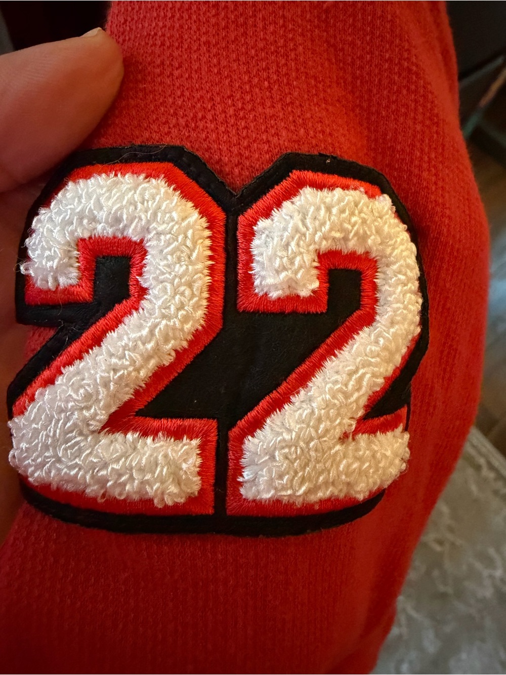 Red Long-Sleeve V-Neck Polo Top with White Trim - Picture 4 of 5